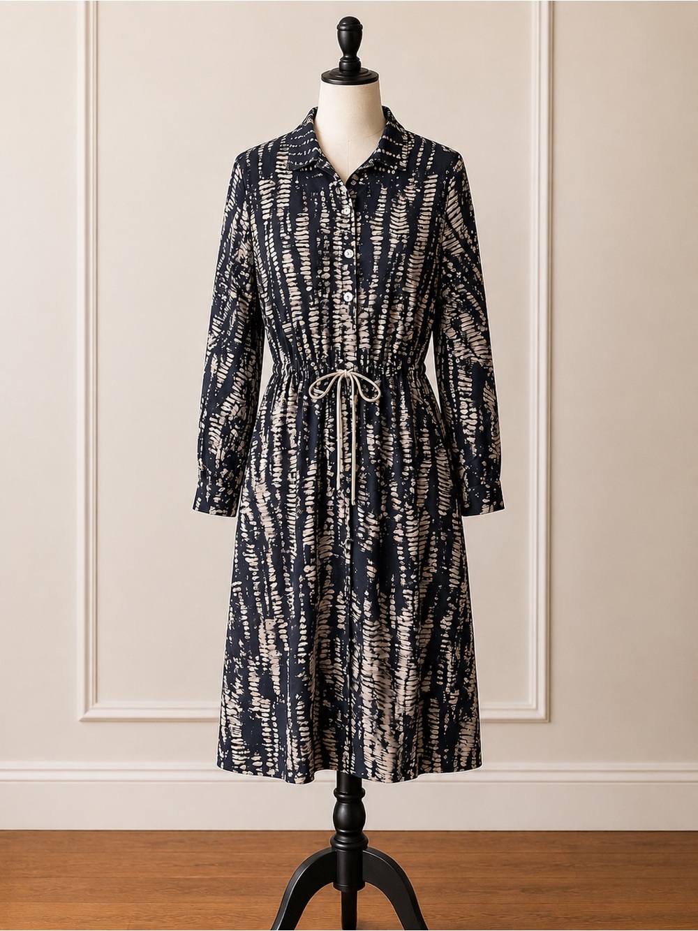 Navy and Cream Printed Button-Front Shirt Dress
